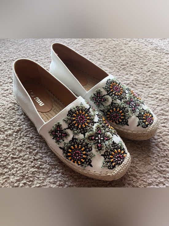 Miu Miu Shoes - Miu Miu Embroidered Canvas Floral Beaded Espadrilles Sz 37